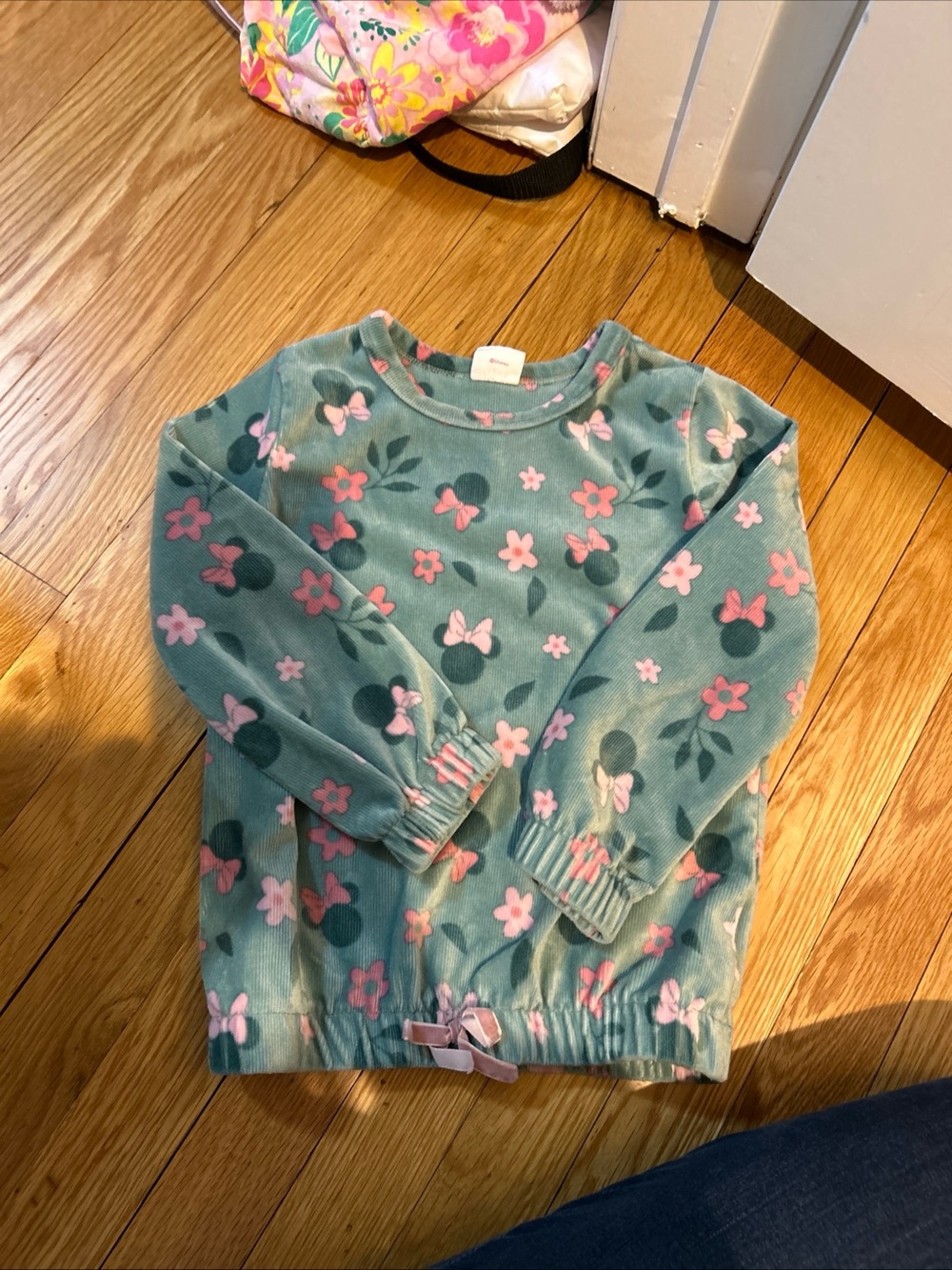 Disney Girls Green Sweatshirt with Pink Floral & Bow Accents
